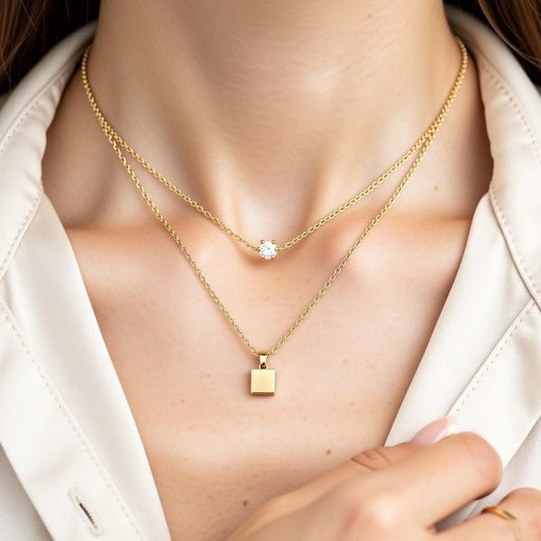 Layered Square Pendant Necklace for Women | Gold Plated Anti-Tarnish Necklace