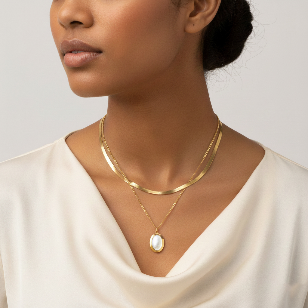 Layered Oval Pendant Necklace for Women | Gold Plated Anti-Tarnish Necklace