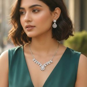 Silver Crystal Floral Statement Necklace for Women | Anti-Tarnish Party Wear Necklace