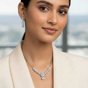 Silver Crystal Drop Floral Necklace for Women | Anti-Tarnish Party Wear Necklace