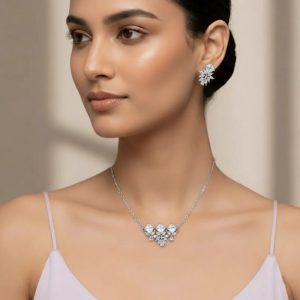 Silver Floral Crystal Necklace for Women | Anti-Tarnish Party Wear Necklace
