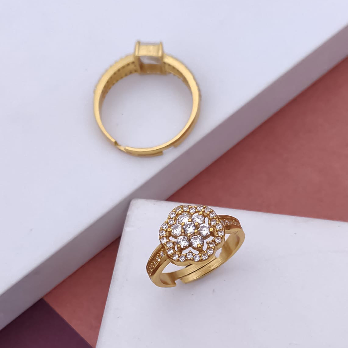 Floral Crystal Adjustable Ring for Women | Gold Plated Anti-Tarnish Designer Ring